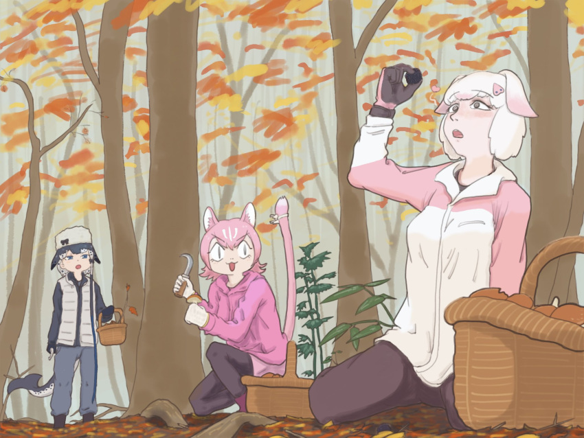 3girls, :o, @_@, absurdly_long_hair, animal_ears, arm_up, autumn, autumn_leaves