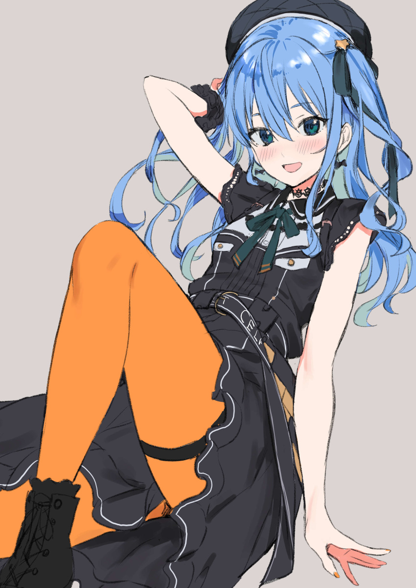 1girl, absurdres, ankle_boots, arm_behind_head, arm_up, belt, beret, black_choker
