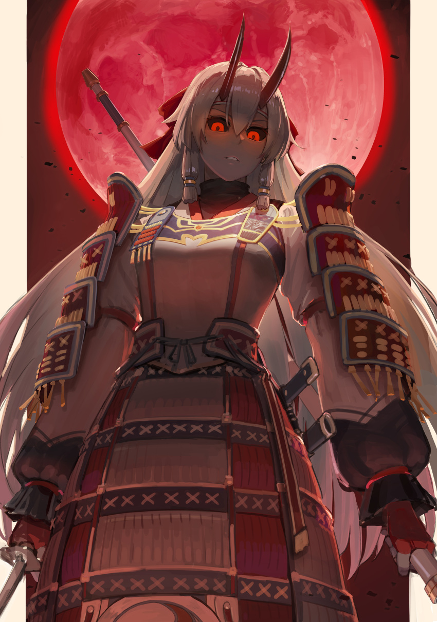 1girl, absurdres, armor, black_sclera, black_undershirt, border, fate/grand_order, fate_(series), fingerless_gloves, full_moon, gloves, glowing, glowing_eyes, hair_between_eyes, highres, holding, holding_polearm, holding_sword, holding_weapon, horns, japanese_armor, japanese_clothes, kusazuri, long_hair, moon, oni_horns, polearm, red_eyes, red_gloves, red_horns, red_moon, scabbard, sheath, shoulder_armor, silver_hair, sode, solo, sword, tomoe_gozen_(fate/grand_order), turtleneck, very_long_hair, weapon, white_border, yyydddd0