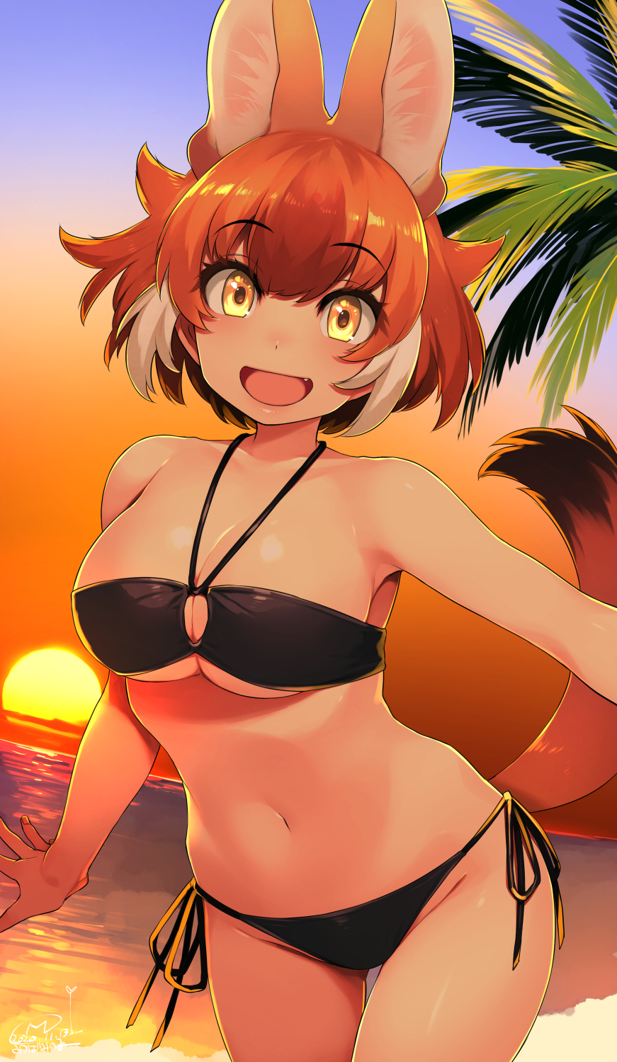 1girl, :d, animal_ear_fluff, animal_ears, bangs, bare_shoulders, beach, bikini