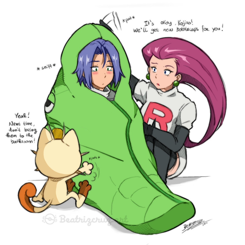 1boy, 1girl, blue_eyes, blue_hair, blush, comforting, cruz02art, depressed, gen_1_pokemon, green_eyes, highres, james_(pokemon), jessie_(pokemon), meowth, metapod, pokemon, pokemon_(anime), pokemon_(creature), redhead, team_rocket