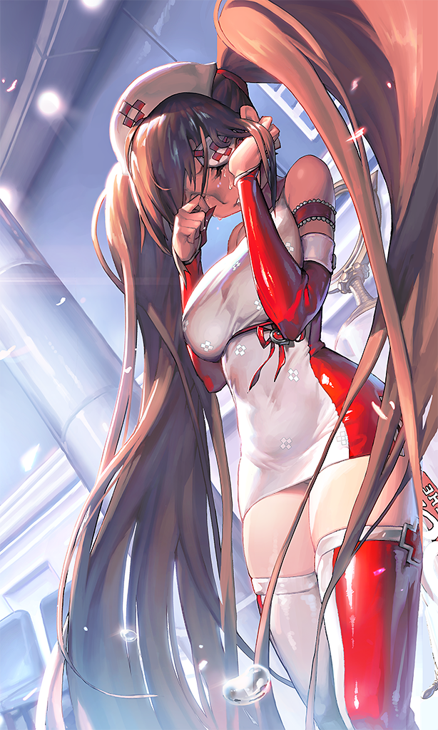 1girl, bare_shoulders, breasts, brown_hair, closed_eyes, commentary_request, crying, demeter_(destiny_child)