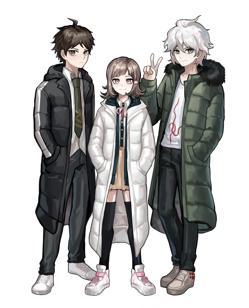 1girl, 2boys, absurdres, ahoge, alternate_costume, bangs, black_coat, black_jacket