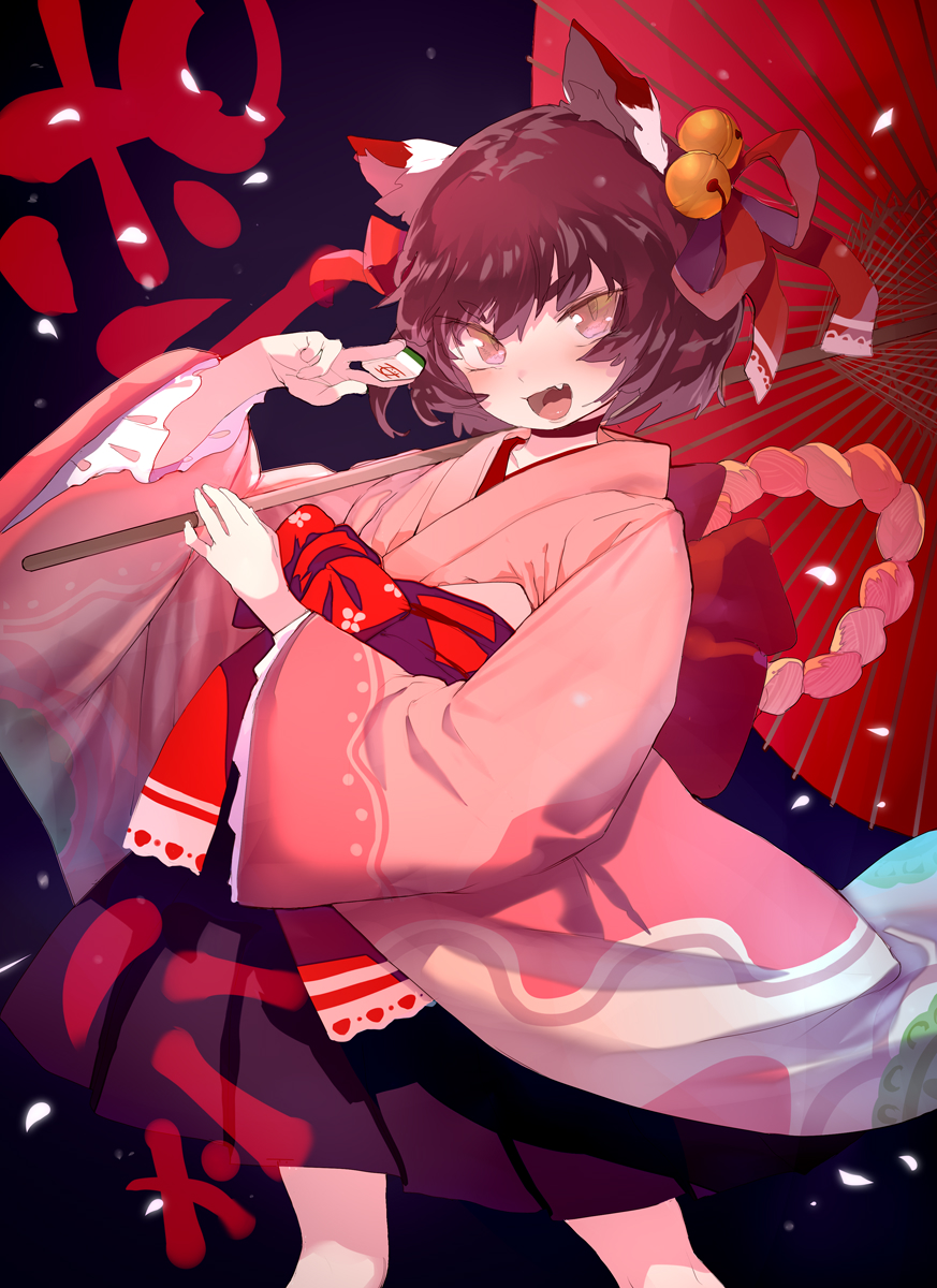1girl, :d, animal_ears, bell, cat_ears, fang, hair_bell, hair_ornament