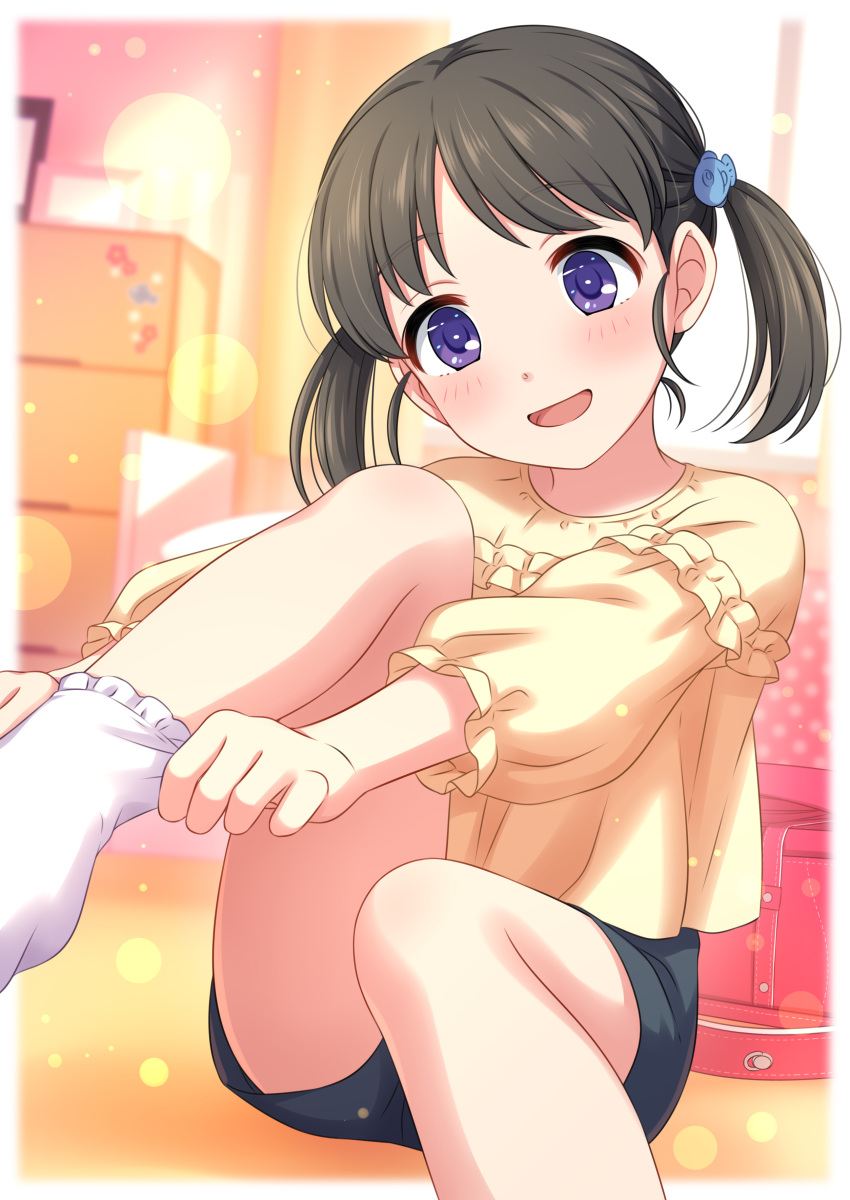 1girl, :d, absurdres, adjusting_clothes, adjusting_legwear, black_shorts, blouse, blurry