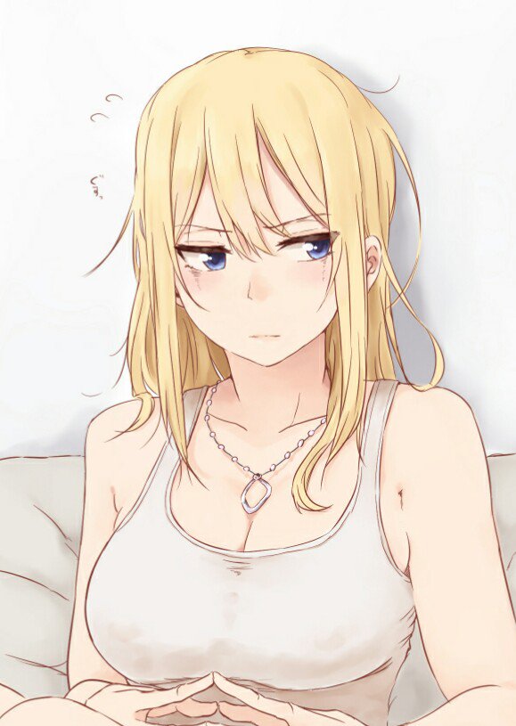 1girl, bare_shoulders, blonde_hair, blush, breasts, closed_mouth, flying_sweatdrops, frown