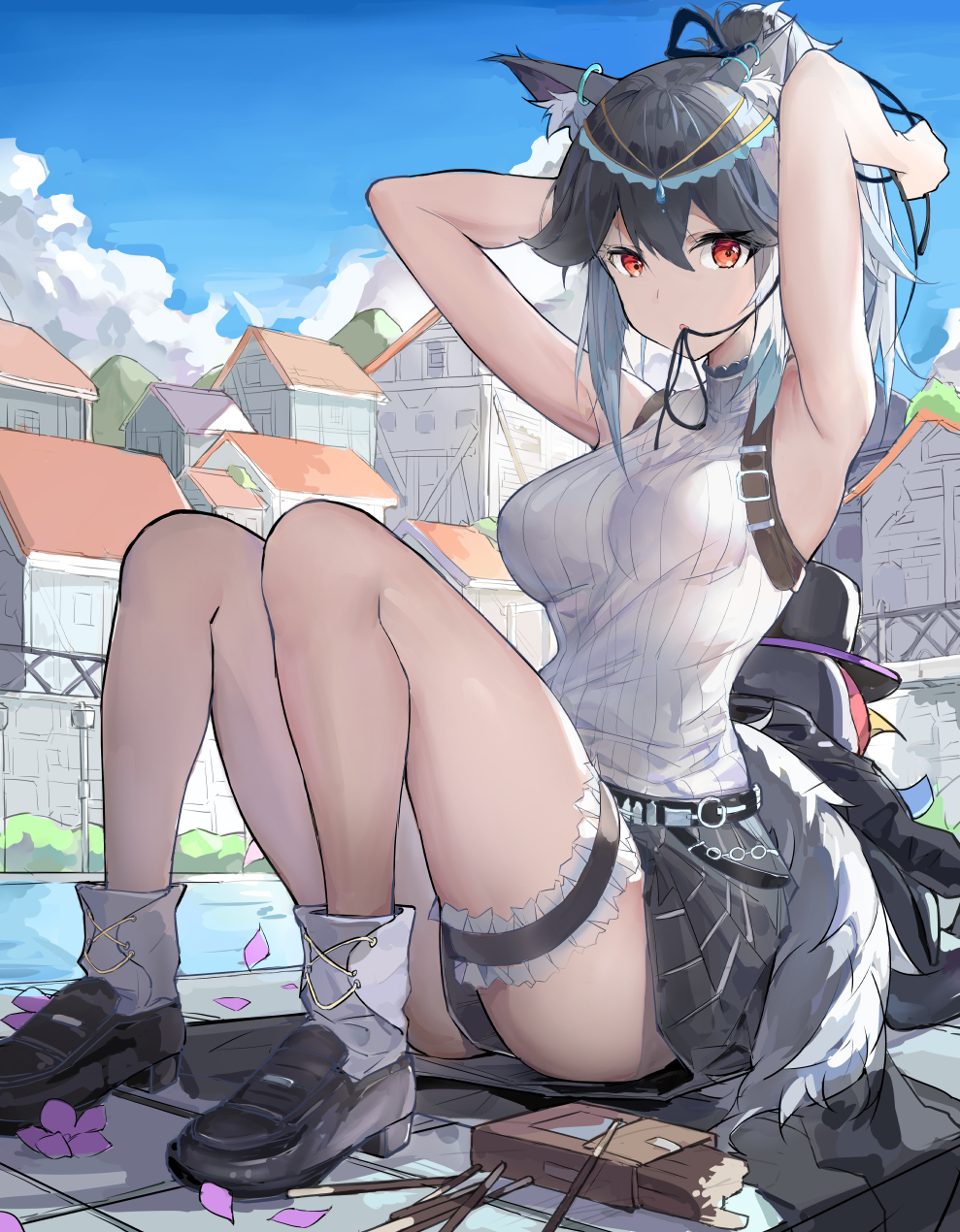 1girl, animal_ear_fluff, animal_ears, arknights, armpits, arms_up, bangs, bare_arms