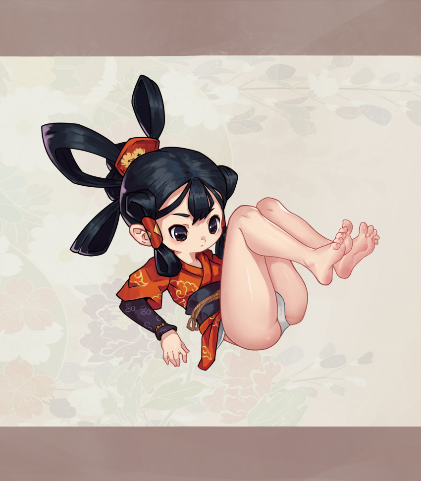 1girl, absurdres, bare_legs, barefoot, black_eyes, black_hair, blush, feet