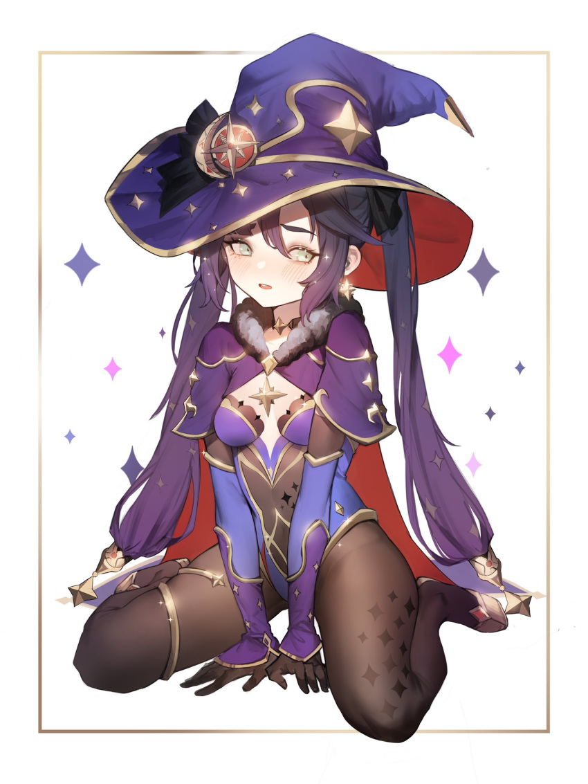 1girl, arm_between_legs, black_gloves, black_legwear, black_ribbon, blue_leotard, blush, breasts, cape, choker, cleavage_cutout, clothing_cutout, commentary_request, earrings, fur-trimmed_cape, fur_trim, genshin_impact, gloves, green_eyes, hair_ribbon, hat, hat_ornament, hat_ribbon, heoningu, highres, jewelry, leotard, long_hair, medium_breasts, mona_(genshin_impact), open_mouth, pantyhose, purple_hair, purple_headwear, ribbon, shoes, sitting, solo, sparkle, thighlet, twintails, upper_teeth, wariza, white_background, witch_hat, yellow_footwear