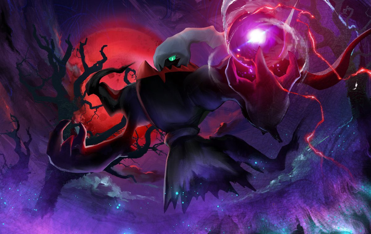 bare_tree, commentary_request, darkrai, energy, full_body, gen_4_pokemon, green_eyes, looking_at_viewer, mythical_pokemon, night, no_humans, outdoors, pokemon, pokemon_(creature), rii2, tree