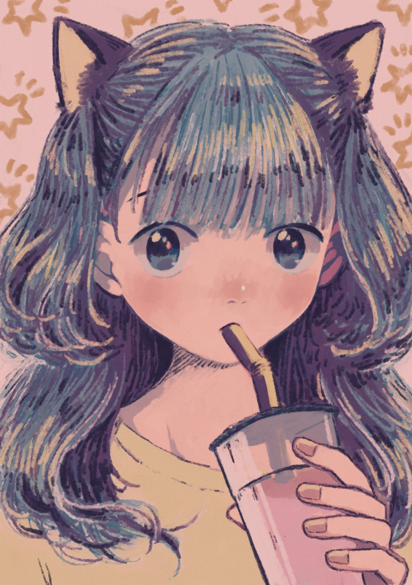 1girl, animal_ears, blue_eyes, blue_hair, cup, drinking, drinking_straw, eokaku_surimi, highres, original, shirt, simple_background, solo, yellow_shirt