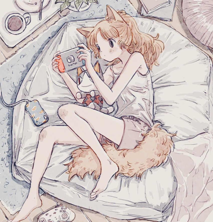1girl, animal_ears, barefoot, eokaku_surimi, from_above, highres, lying, medium_hair