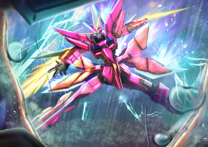 absurdres, aegis_gundam, beam_saber, glowing, glowing_eyes, green_eyes, gundam, gundam_seed