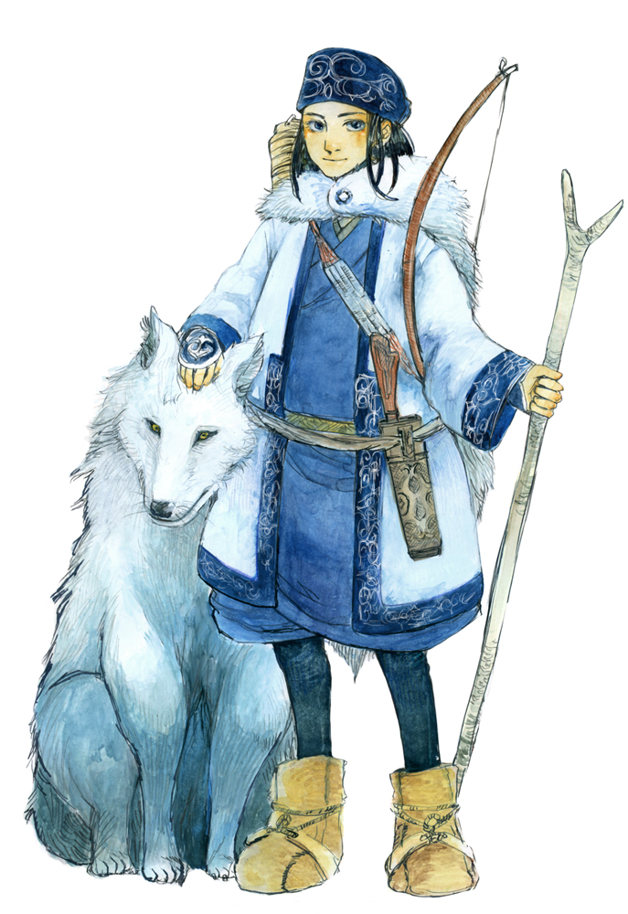 1girl, ainu, ainu_clothes, asirpa, bandana, black_hair, blue_bandana, blue_eyes