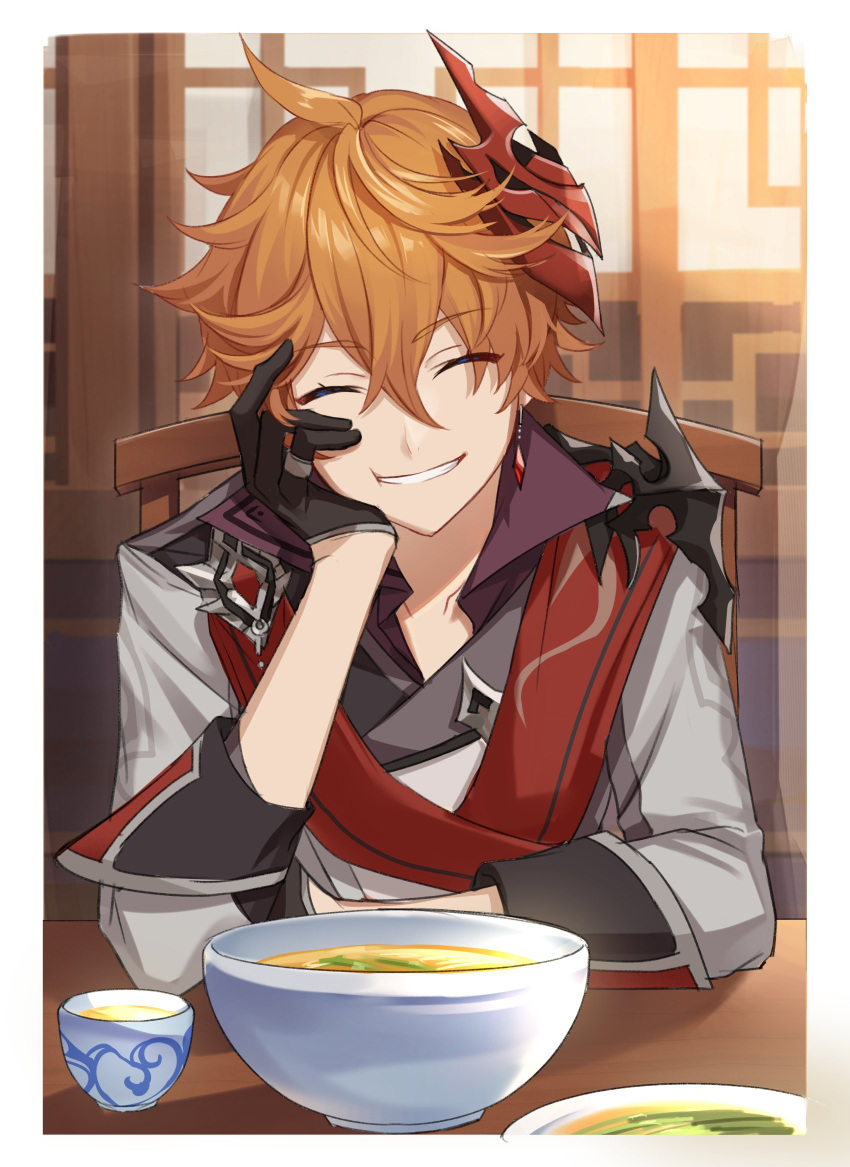 1boy, brown_hair, childe_(genshin_impact), closed_eyes, collarbone, commentary_request, food, genshin_impact