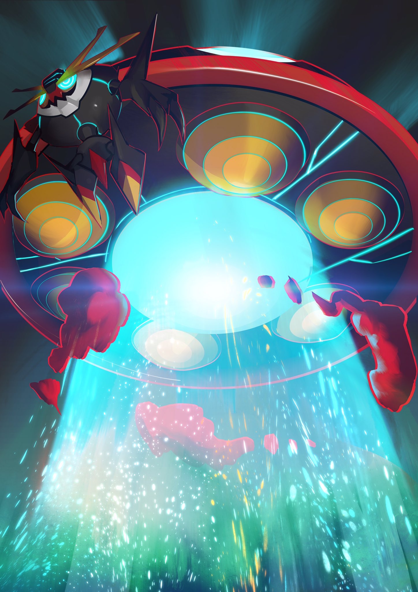 aqua_eyes, commentary_request, from_below, gen_8_pokemon, gigantamax, gigantamax_orbeetle, glowing, glowing_eyes