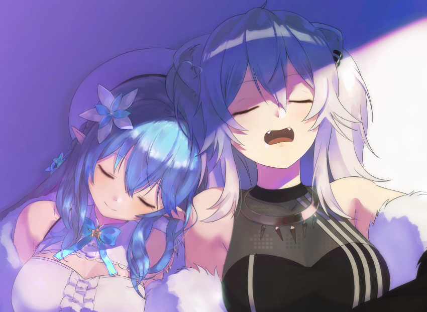 2girls, absurdres, animal_ears, blue_hair, breasts, closed_eyes, elf, fangs