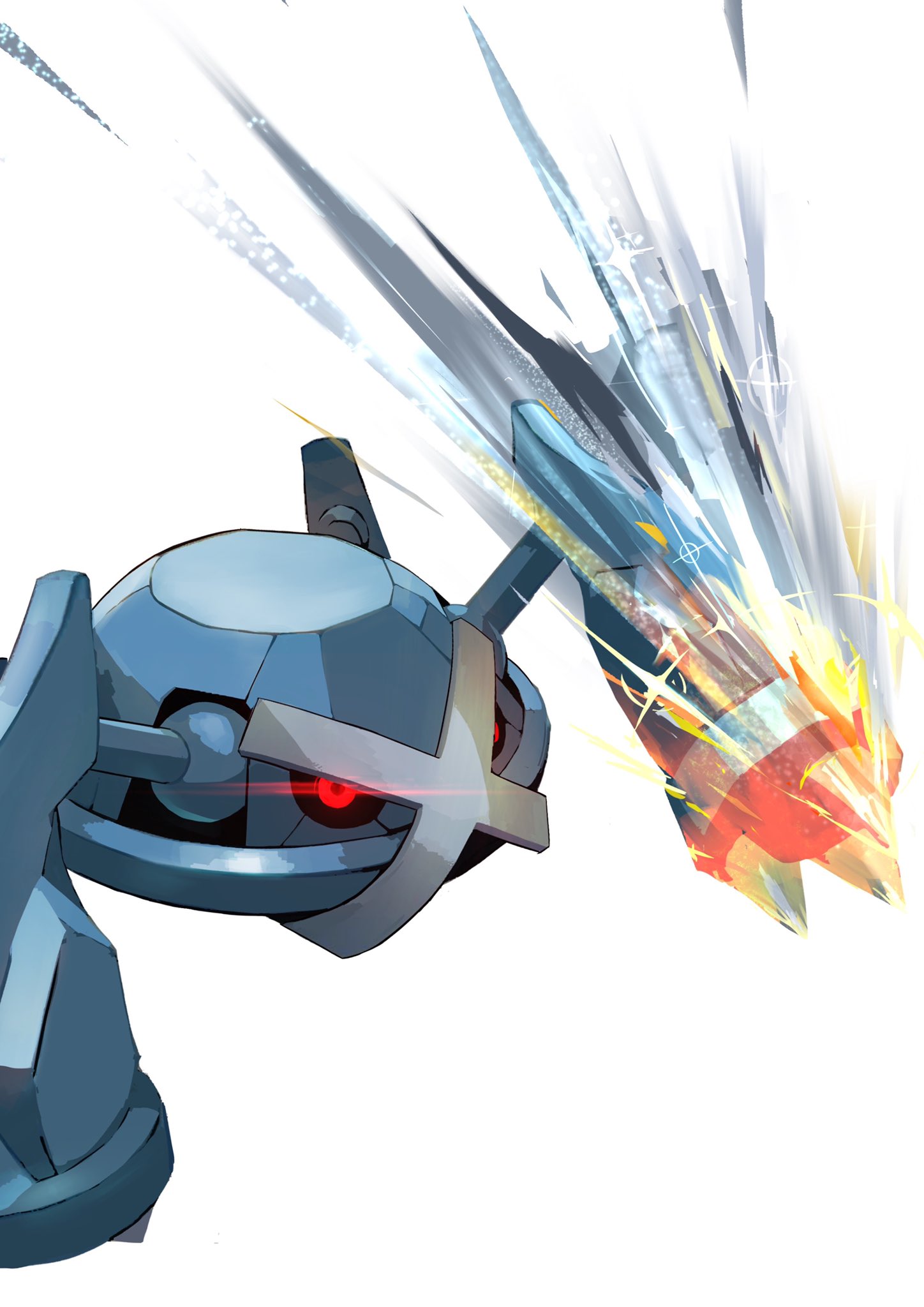 black_sclera, claws, commentary_request, gen_3_pokemon, glowing, glowing_eyes, heat, highres, metagross, no_humans, pokemon, pokemon_(creature), red_eyes, rii2, shiny, solo, sparkle