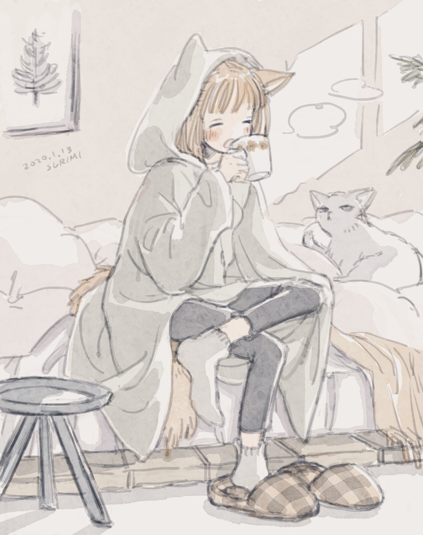 1girl, animal_ears, bed, cat_ears, closed_eyes, cup, dated, eokaku_surimi