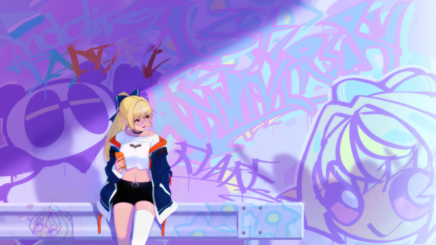 1girl, absurdres, blonde_hair, breasts, cellphone, contemporary, dark_skin, glasses, graffiti, highres, holding, holding_phone, hololive, large_breasts, navel, phone, pointy_ears, red_eyes, robotta, scenery, shiranui_flare, smartphone, solo, virtual_youtuber