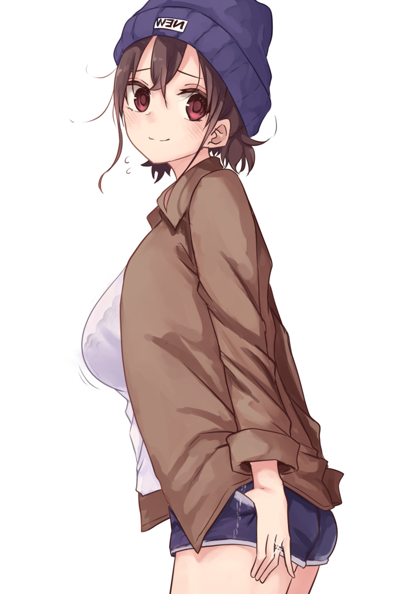 1girl, absurdres, beanie, blue_headwear, bra, breasts, brown_hair, brown_jacket