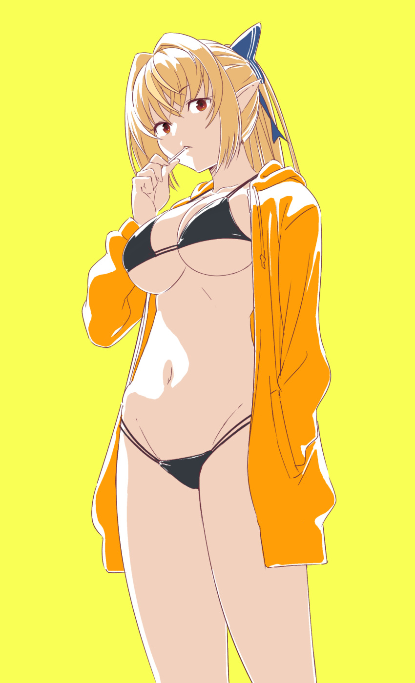 bikini, black_bikini, blonde_hair, breasts, hand_in_pocket, highres, hololive, hood, hoodie, large_breasts, looking_at_viewer, looking_down, navel, orange_hoodie, pointy_ears, ponytail, red_eyes, robotta, shiranui_flare, swimsuit, virtual_youtuber
