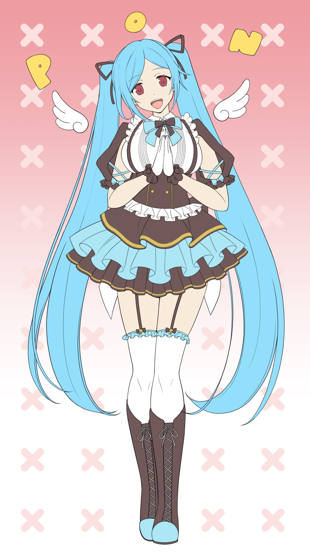 .live, 1girl, alternate_costume, alternate_hairstyle, blue_hair, boots, breasts, commentary_request, frilled_skirt, frills, full_body, garter_belt, gloves, hands_clasped, highres, looking_at_viewer, memekichi, open_mouth, own_hands_together, red_eyes, simple_background, skirt, smile, standing, thigh-highs, white_background, wings, yamato_iori