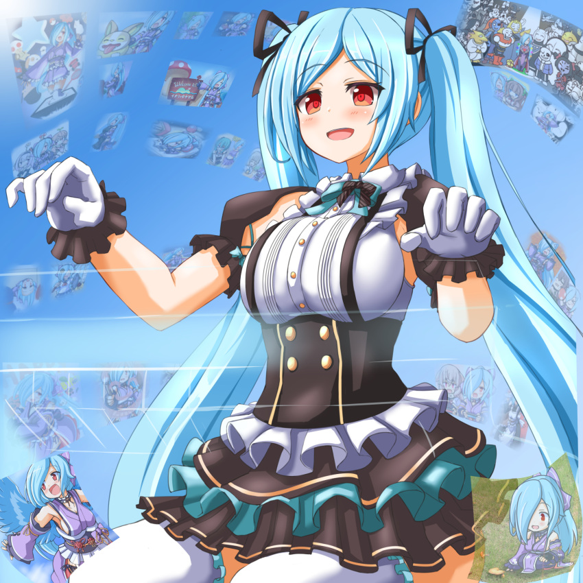 .live, alternate_costume, alternate_hairstyle, blue_hair, blush, breasts, commentary_request, gloves, hair_ornament, highres, large_breasts, red_eyes, shizukanahoshi, sky, thigh-highs, twintails, undertale, virtual_youtuber, white_legwear, yamato_iori