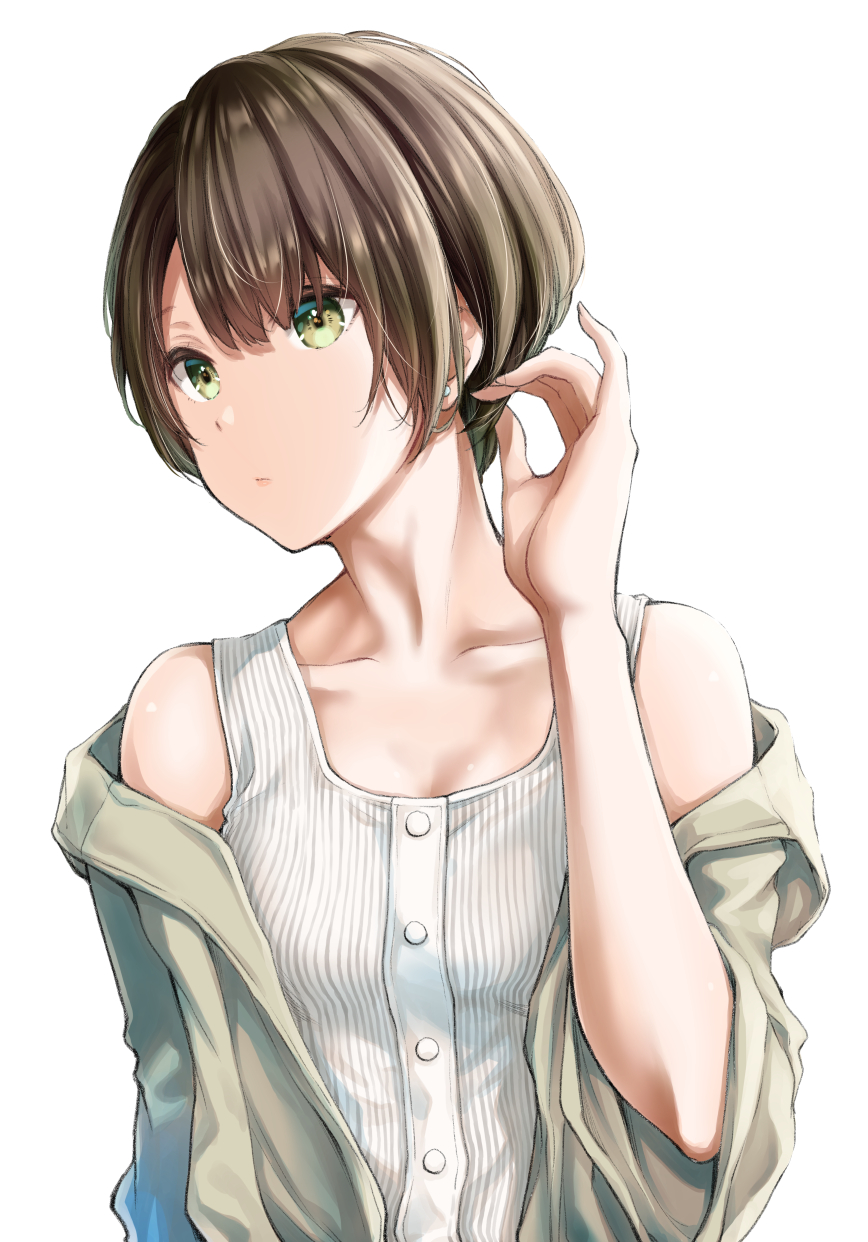 1girl, brown_hair, commentary_request, ear_piercing, green_eyes, highres, looking_to_the_side, off-shoulder_jacket