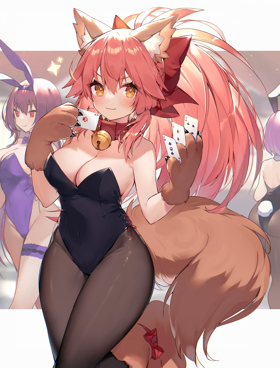 3girls, animal_ears, bell, black_legwear, black_leotard, bow, bowtie, breasts