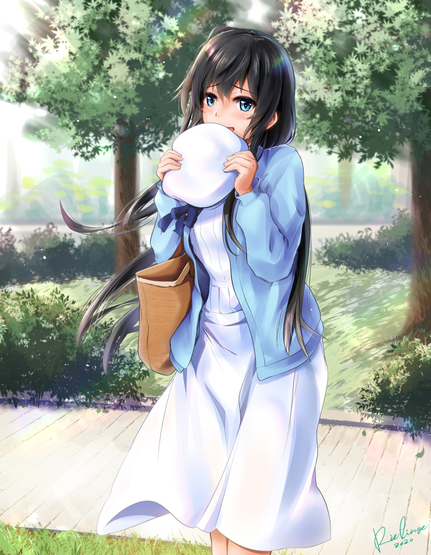 1girl, bag, bangs, black_hair, blue_cardigan, blue_eyes, blush, bush