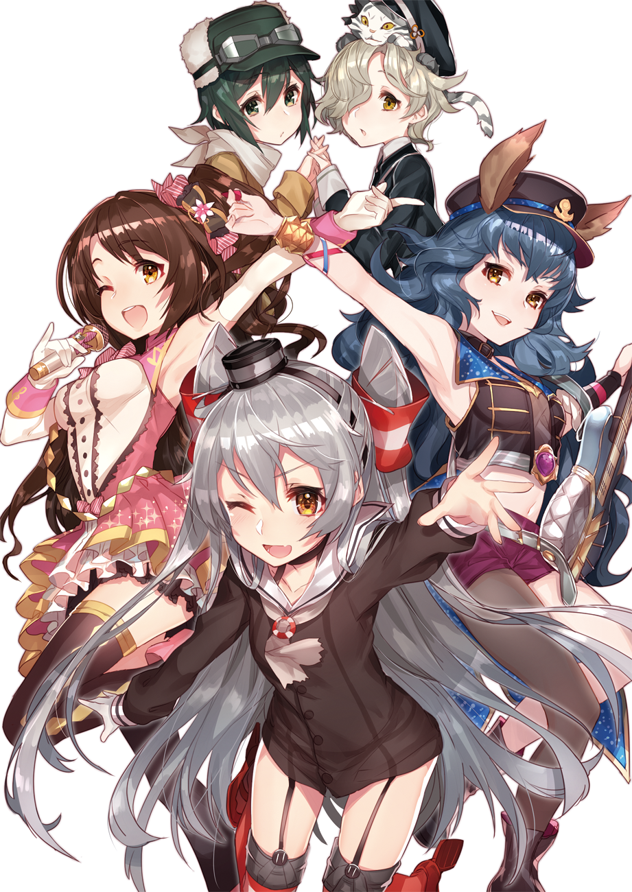 1boy, 4girls, ;d, amatsukaze_(kantai_collection), animal_ears, armpits, artist_name, black_legwear, blonde_hair, blue_hair, blush, choker, crossover, erune, ferry_(granblue_fantasy), garter_straps, gloves, goggles, goggles_on_headwear, gokotai, gokotai's_tigers, granblue_fantasy, green_hair, hair_over_one_eye, hair_ribbon, hat, highres, idolmaster, idolmaster_cinderella_girls, kantai_collection, kino_(kino_no_tabi), kino_no_tabi, long_hair, looking_at_viewer, microphone, midriff, mika_pikazo, multiple_crossover, multiple_girls, navel, one_eye_closed, open_mouth, ribbon, school_uniform, serafuku, shimamura_uzuki, short_hair, silver_hair, simple_background, single_glove, single_thighhigh, skirt, smile, sora_no_michishirube, stage_of_magic, thigh-highs, tiger, touken_ranbu, v-shaped_eyebrows, white_background, white_gloves, yellow_eyes