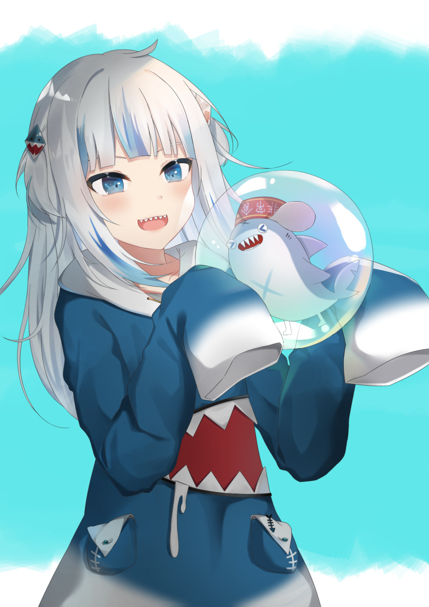 1girl, animal_hood, atora, bangs, blue_eyes, blue_hair, blue_hoodie, blunt_bangs, collarbone, commentary_request, fangs, gawr_gura, hair_ornament, hands_up, highres, holding, holding_bubble, hololive, hololive_english, hood, hood_down, hoodie, long_hair, long_sleeves, multicolored, multicolored_hair, multicolored_hoodie, open_mouth, shark, shark_hood, sharp_teeth, sleeves_past_fingers, sleeves_past_wrists, smile, solo, streaked_hair, tail, teeth, two-tone_hair, upper_body, upper_teeth, virtual_youtuber