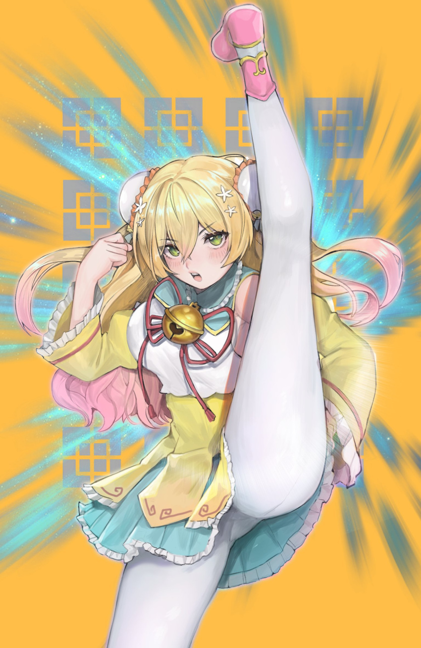 1girl, blonde_hair, blush, breasts, clenched_hand, gradient_hair, green_eyes, highres, hololive, large_breasts, leg_up, long_hair, looking_at_viewer, momosuzu_nene, multicolored_hair, najjo, open_mouth, pink_hair, solo, split, standing, standing_on_one_leg, standing_split, two_side_up, virtual_youtuber