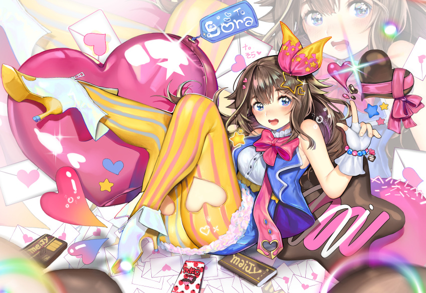1girl, blue_eyes, breasts, brown_hair, chocolate, happy_valentine, high_heels, highres