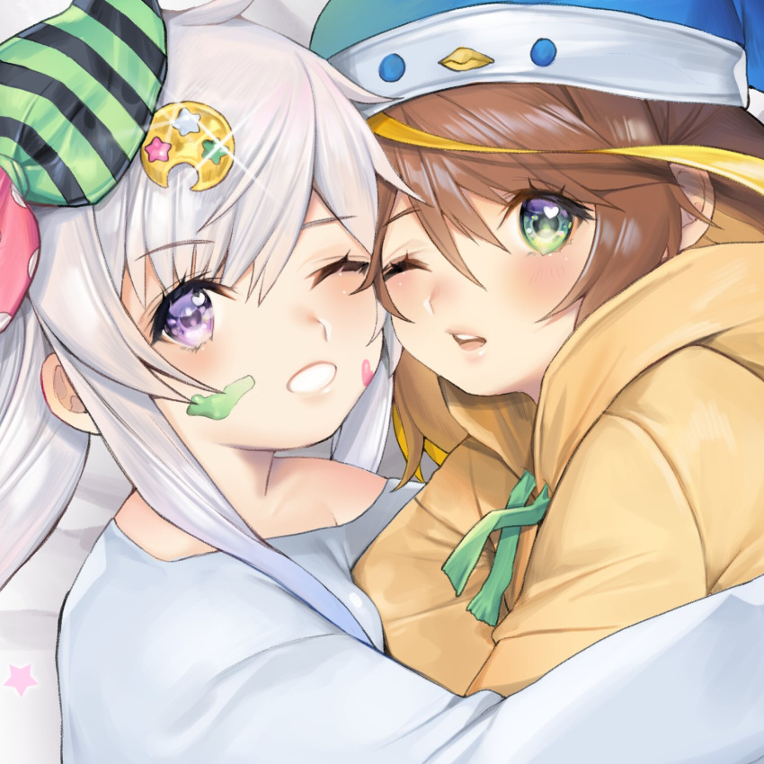 2girls, airani_iofifteen, amicia_michella, brown_hair, close-up, english_commentary, green_eyes, grey_hair