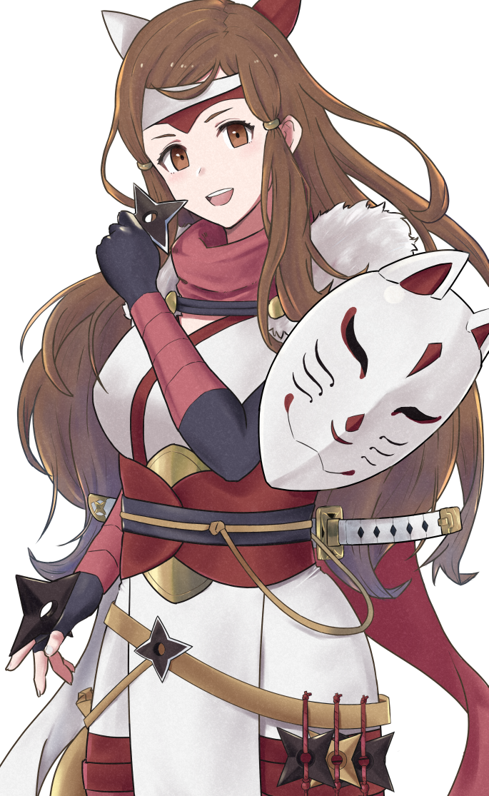 1girl, alternate_costume, armor, brown_eyes, brown_hair, fire_emblem, fire_emblem_fates, fire_emblem_heroes, hana_(fire_emblem), headband, himoonigiri, long_hair, looking_at_viewer, ninja, ninja_mask, open_mouth, shuriken, sword, upper_body, weapon, white_background