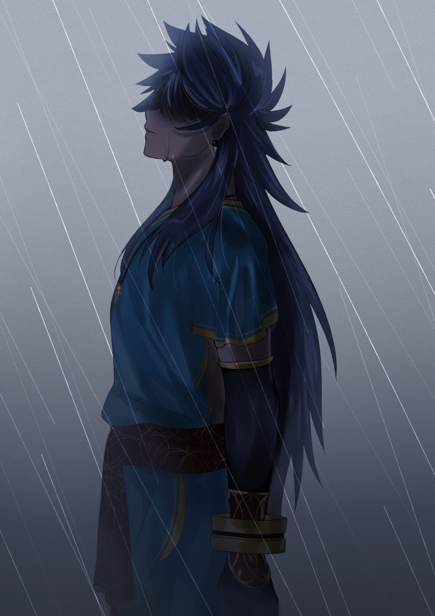 1boy, absurdres, angst, closed_mouth, dark_blue_hair, dark_skin, dark_skinned_male, earrings