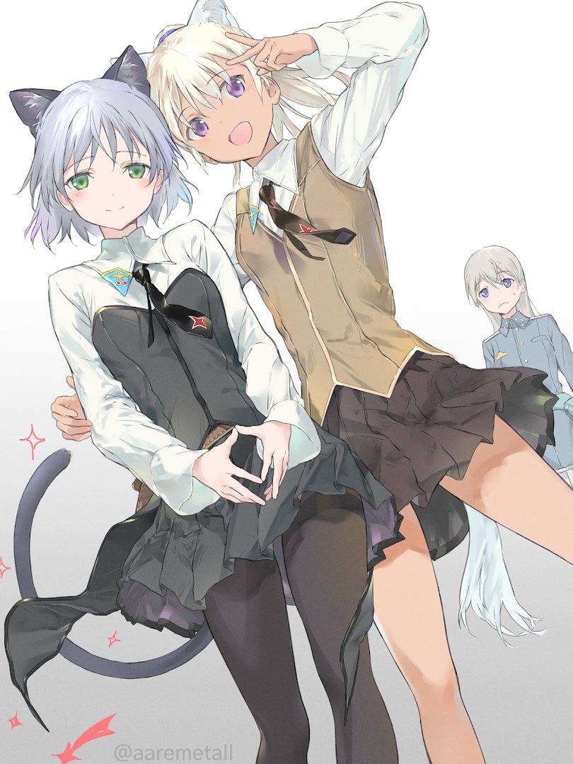 3girls, animal_ears, belt, black_legwear, black_skirt, blush, brown_vest, cat_ears