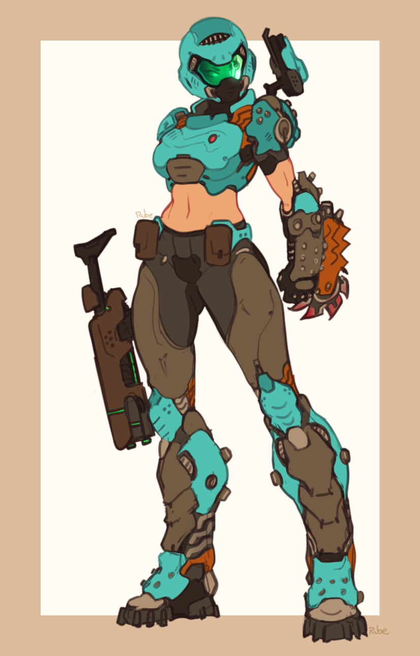 1girl, arm_blade, armor, armored_boots, battle_rifle, beige_border, boots, breastplate