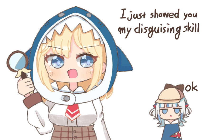 2girls, accessories_switch, animal_hood, annoyed, blonde_hair, blue_eyes, english_commentary, english_text
