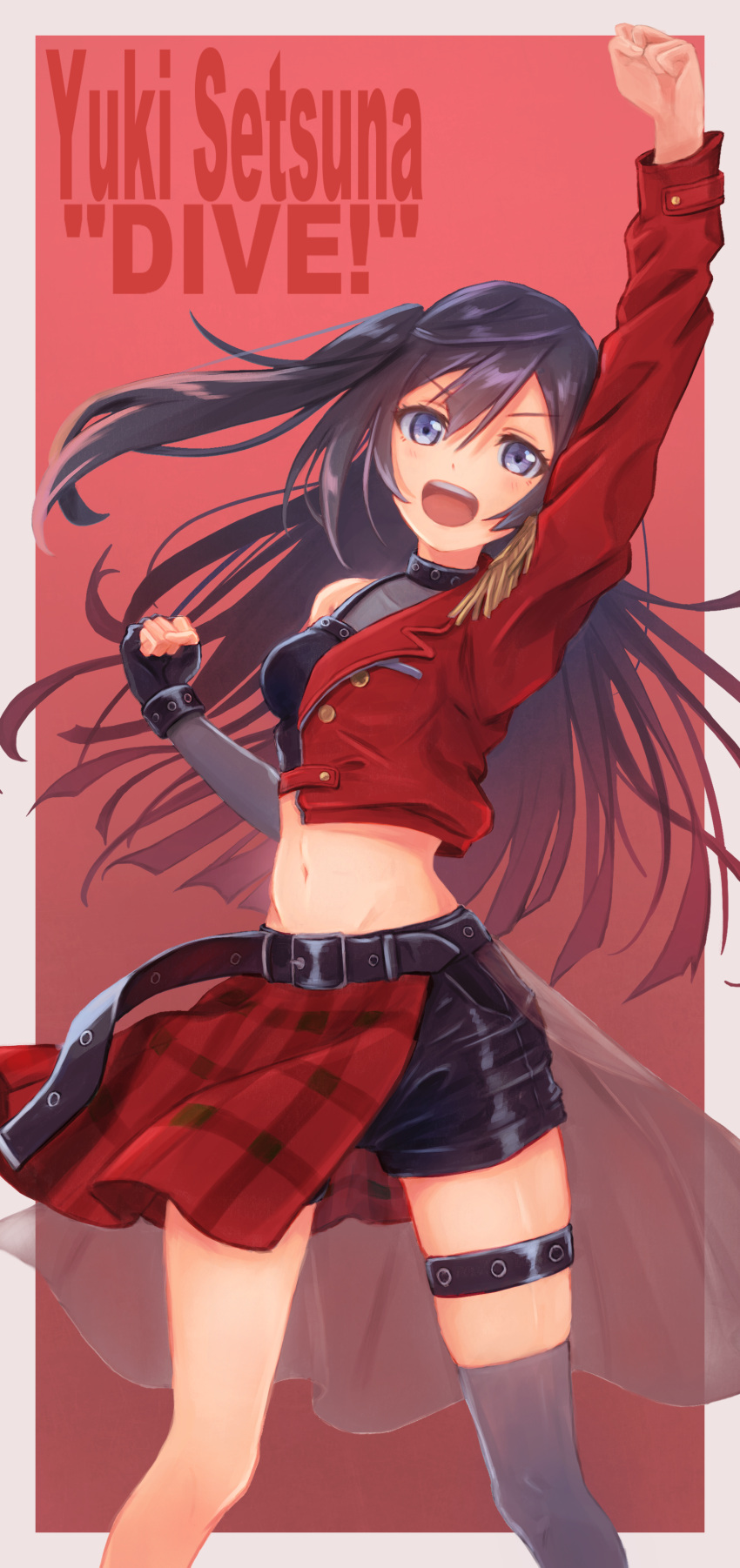 1girl, :d, absurdres, arm_up, asymmetrical_gloves, asymmetrical_legwear, asymmetrical_sleeves, bangs