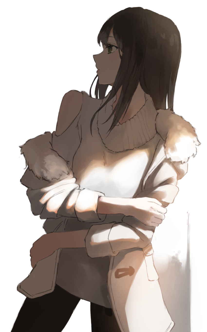 1girl, absurdres, black_hair, clothing_cutout, coat, eyebrows_visible_through_hair, green_eyes, highres