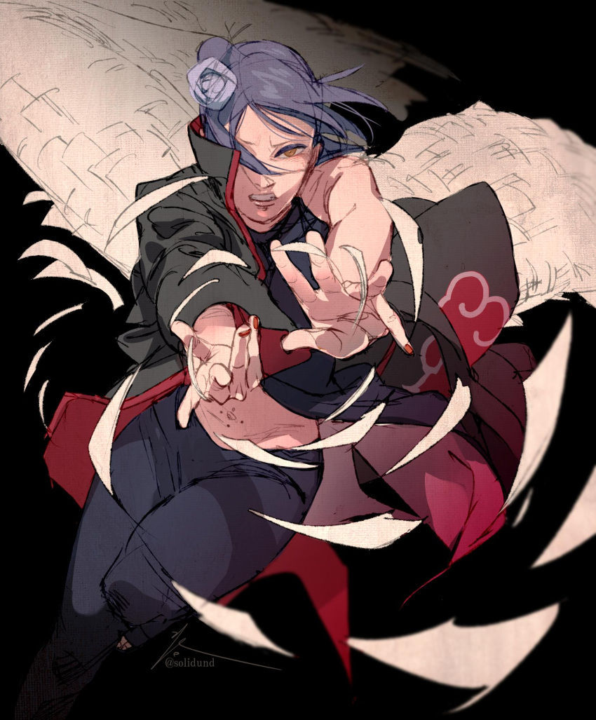 1girl, akatsuki_(naruto), akatsuki_uniform, black_background, dynamic_pose, fighting_stance, flower, flying, hair_flower, hair_ornament, highres, konan, naruto, naruto_(series), naruto_shippuuden, origami, paper, purple_hair, short_hair, solo, white_wings, wings, zifletts
