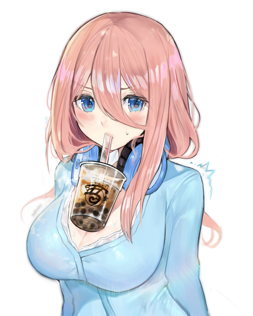 1girl, absurdres, arms_behind_back, blue_eyes, breasts, bubble_tea, bubble_tea_challenge, drinking_straw