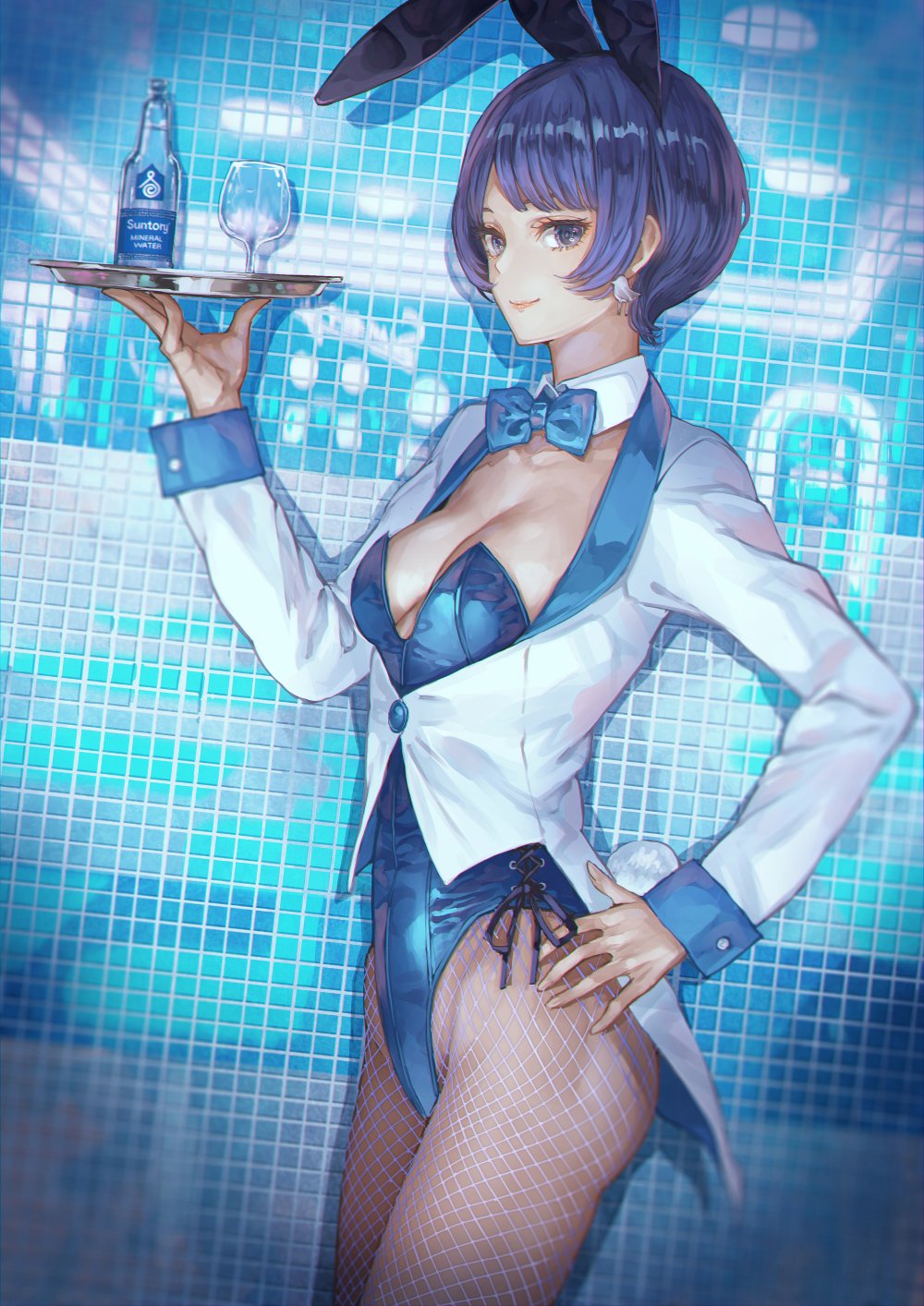 1girl, animal_ears, bird_earrings, blue_background, blue_bow, blue_leotard, blue_neckwear, bow