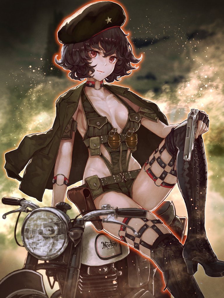 1girl, arm_strap, black_footwear, black_gloves, boots, breasts, brown_hair, che_guevara, closed_mouth, copyright_request, cross-laced_footwear, explosive, fingerless_gloves, gloves, grenade, gun, high_heel_boots, high_heels, holding, holding_gun, holding_weapon, knee_boots, large_breasts, looking_at_viewer, no_bra, o-ring, official_art, overalls, red_eyes, short_hair, sitting, smile, solo, thigh-highs, weapon, yasukura_(shibu11)