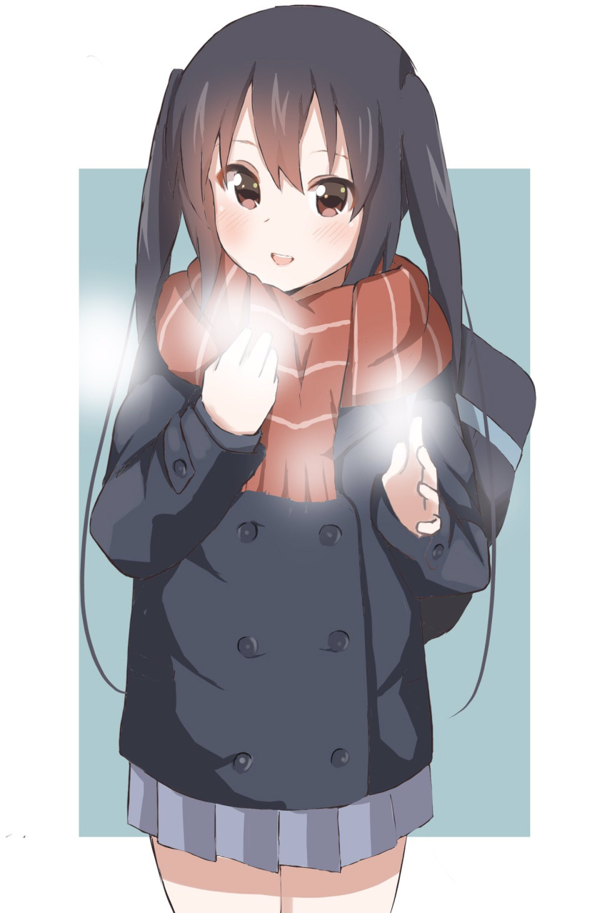 1girl, bag, bangs, black_hair, blue_background, blue_coat, blue_skirt, blush