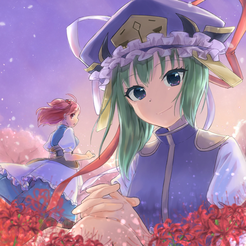 2girls, :o, absurdres, asymmetrical_hair, blue_dress, blue_headwear, blurry, blurry_background