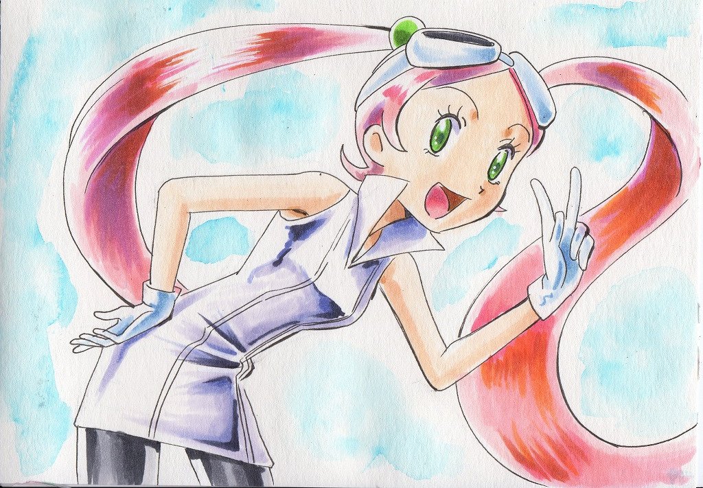1girl, collared_shirt, gloves, goggles, hand_on_hip, iwane_masaaki, lovrina_(pokemon), open_mouth